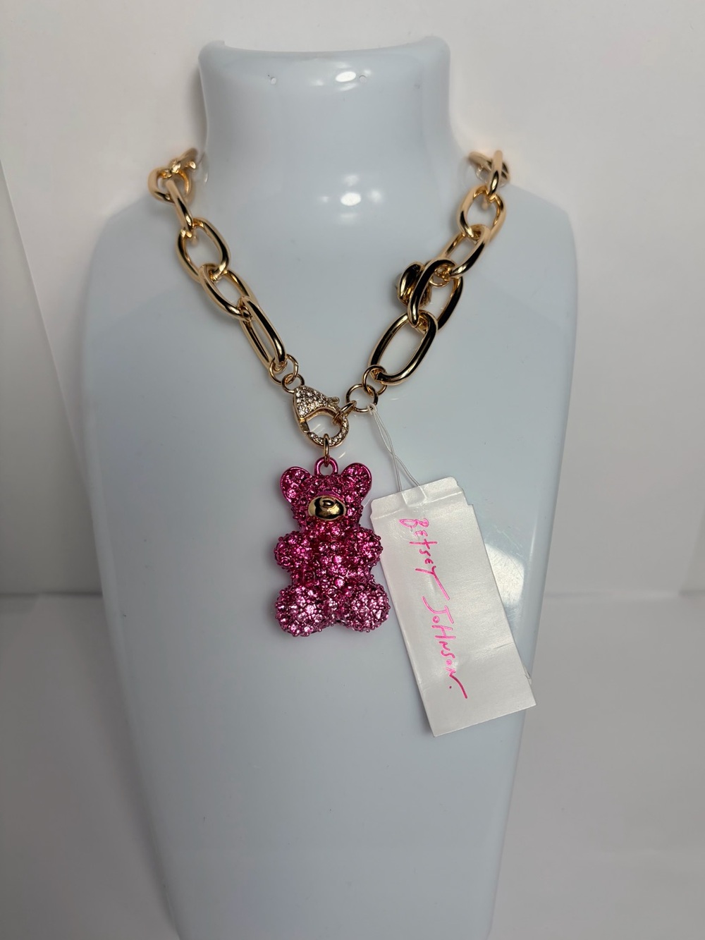 NWT ⚜️💖⚜️ Betsey Johnson Pink Crystal Teddy Bear Statement Necklace - Picture 11 of 13